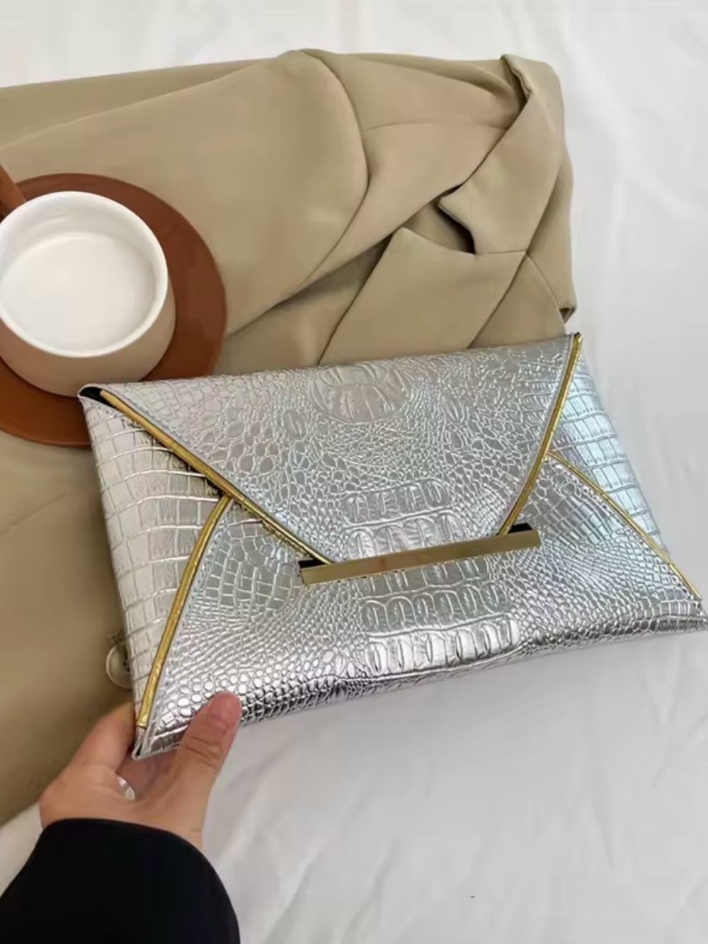 Silver Croc-Embossed Envelope Clutch